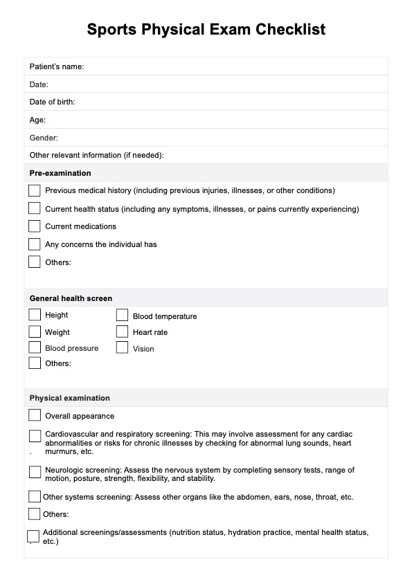 Sports Physical Exam Checklist PDF Example