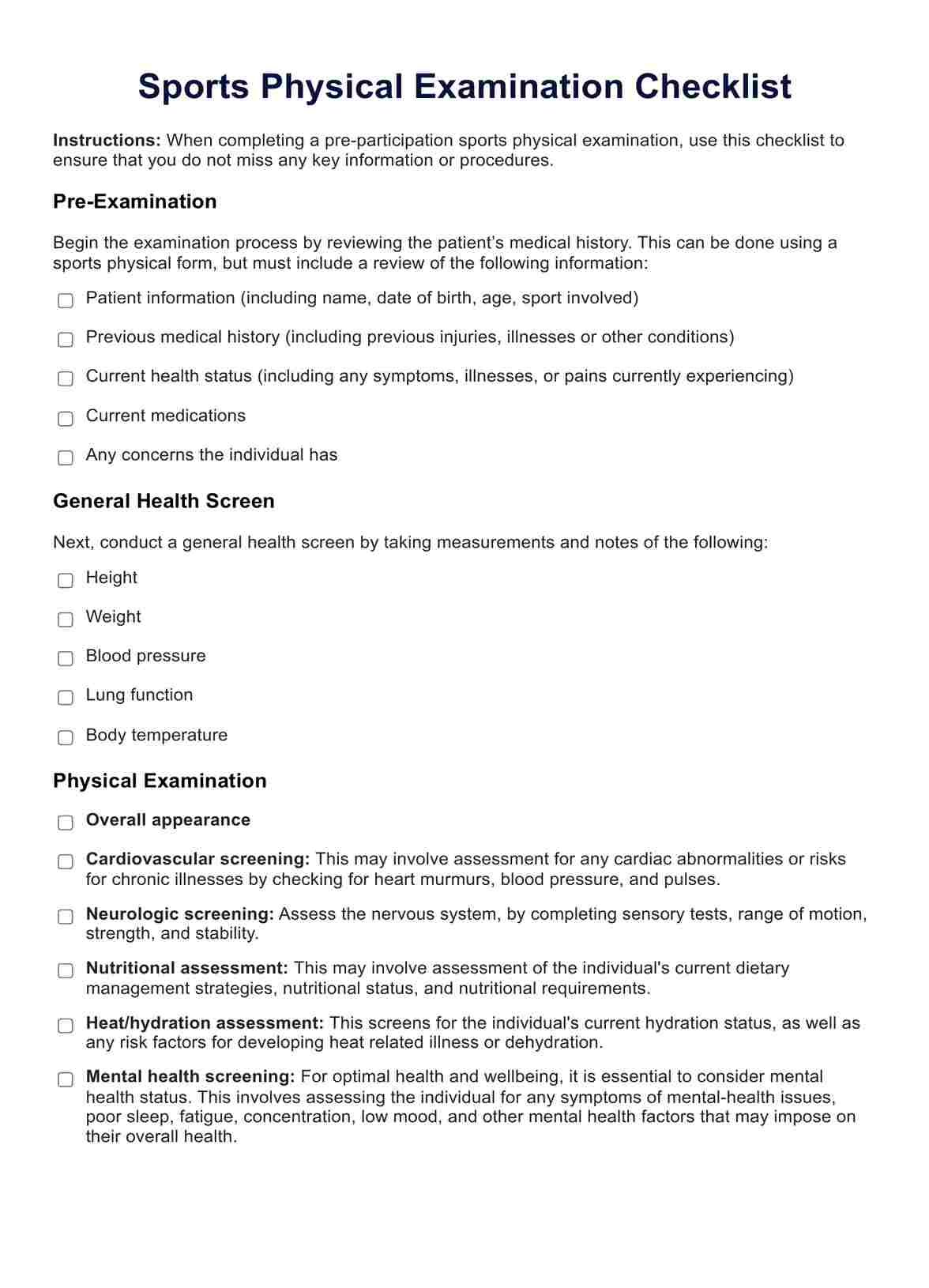 Sports Physical Exam Checklist PDF Example