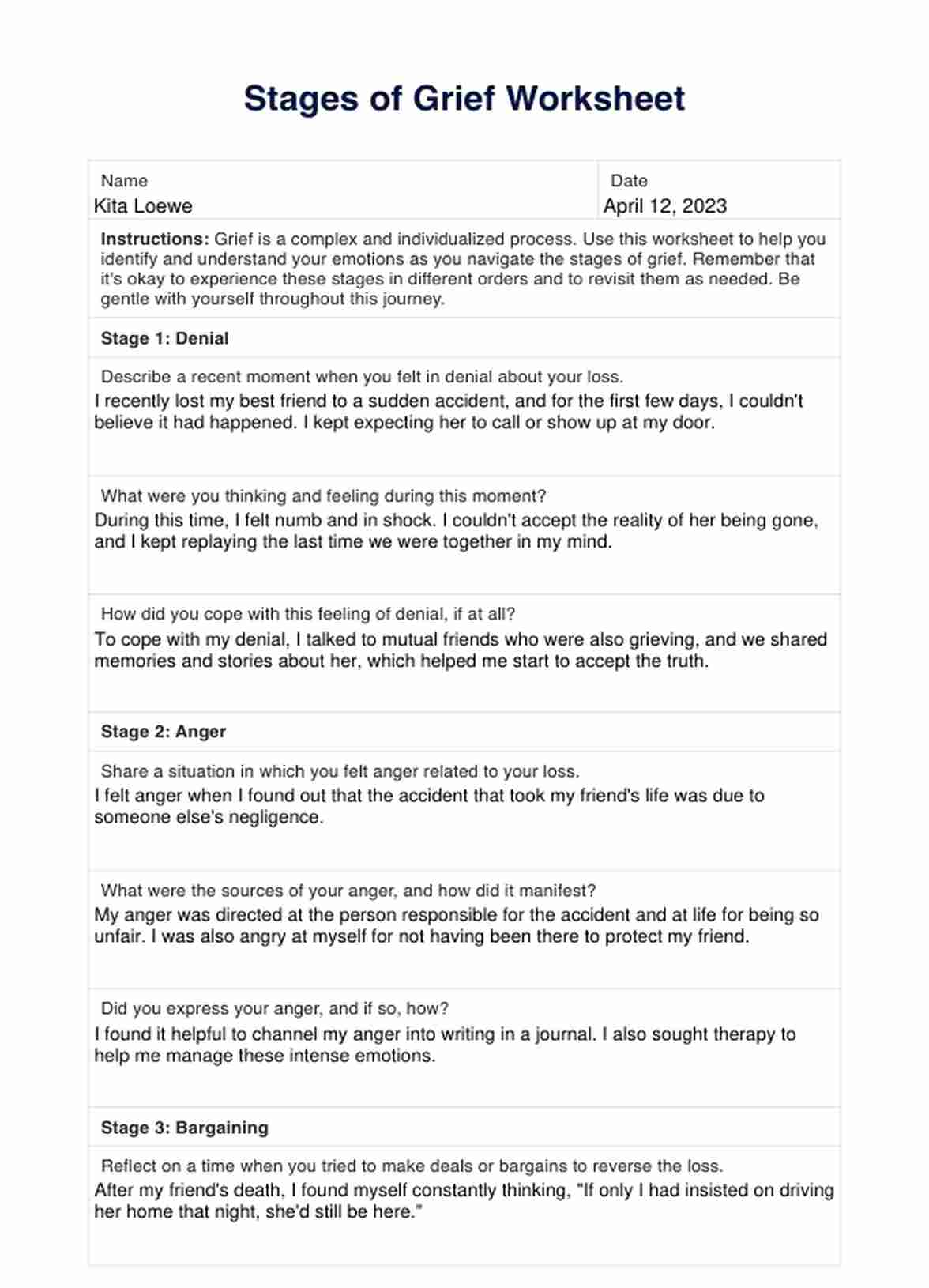 Stages Of Grief Worksheets PDF Example