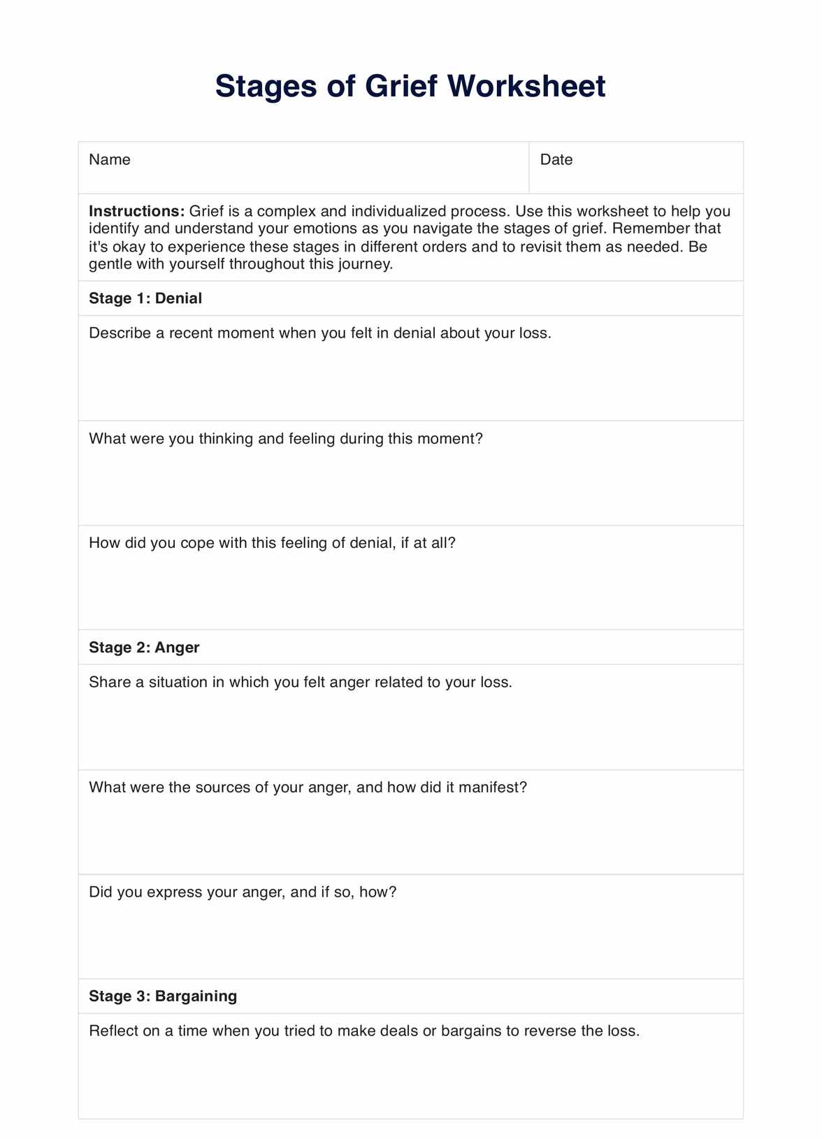 Stages Of Grief Worksheets PDF Example