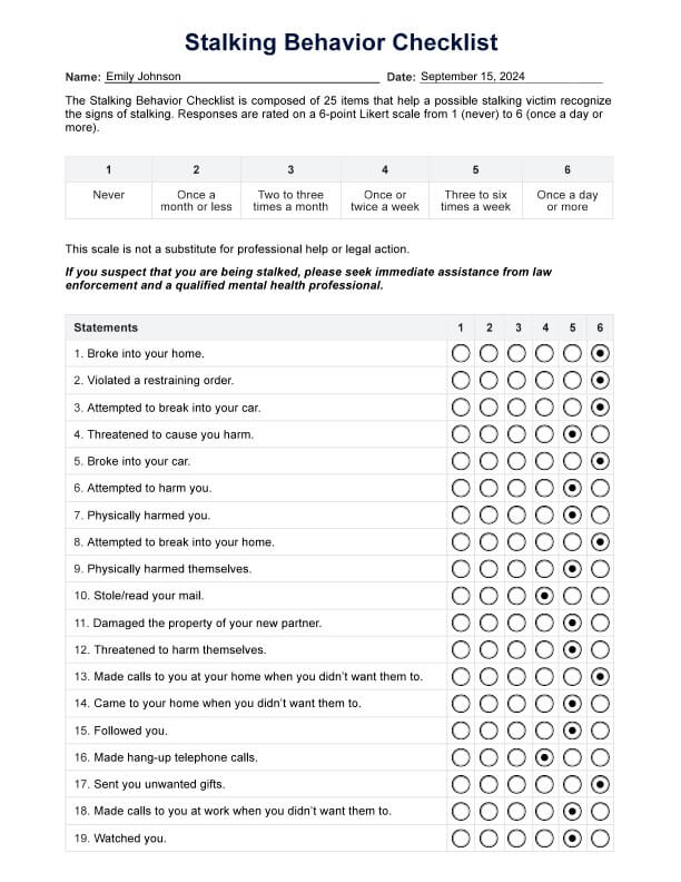 Stalking Behaviour Checklist PDF Example