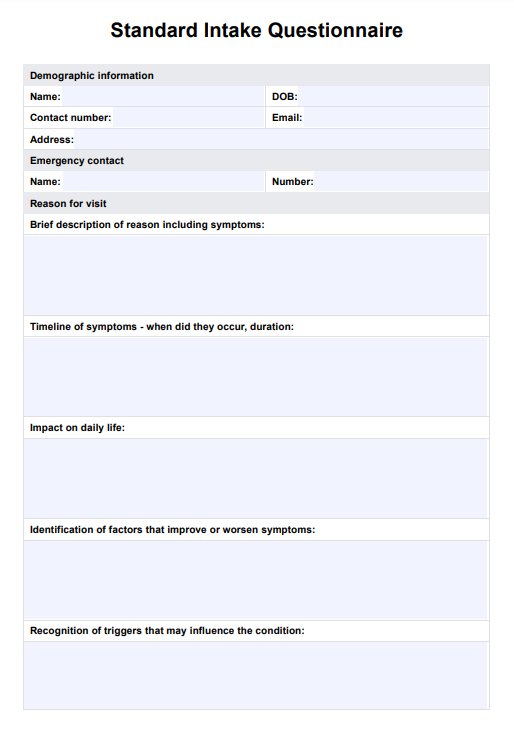 Cuestionario de ingesta estándar PDF Example