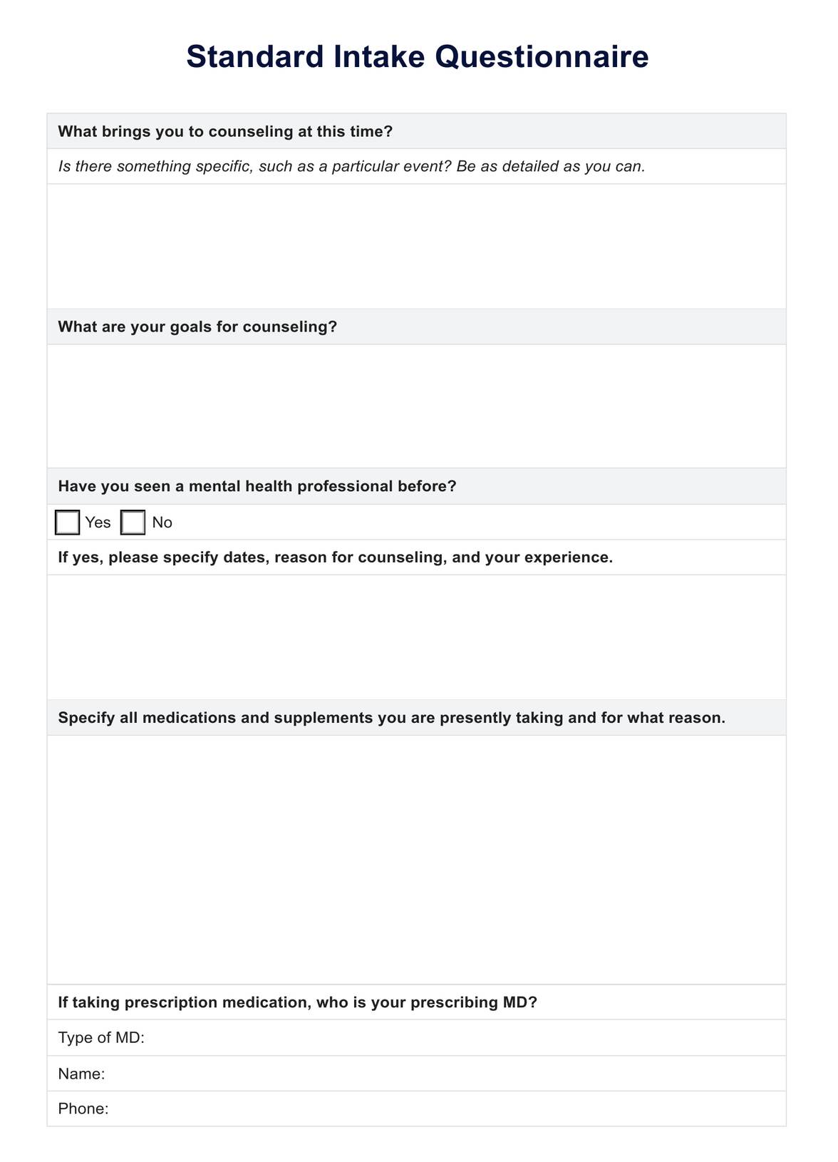 Standard Intake Questionnaire Template PDF Example