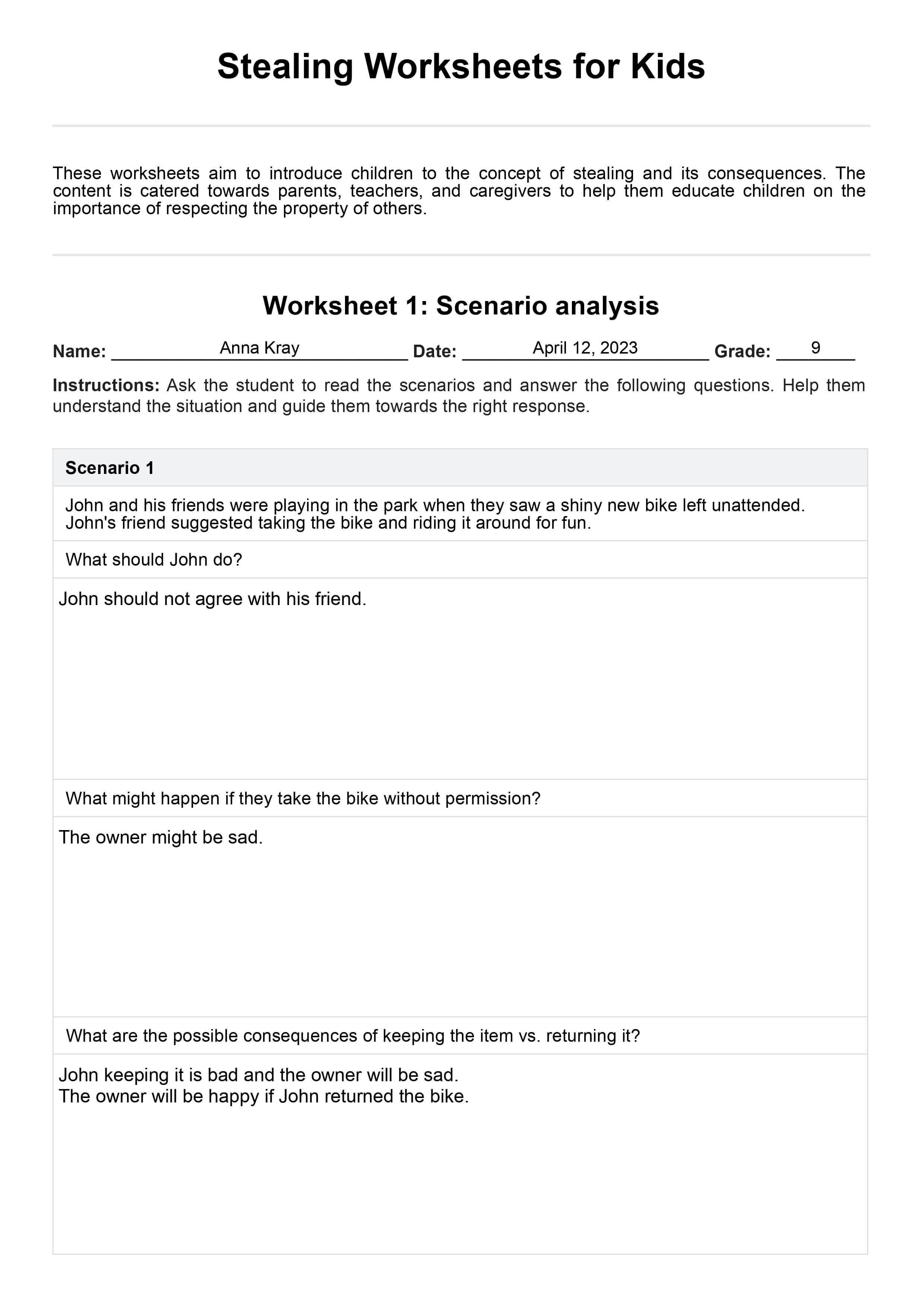 Stealing Worksheets for Kids  PDF Example