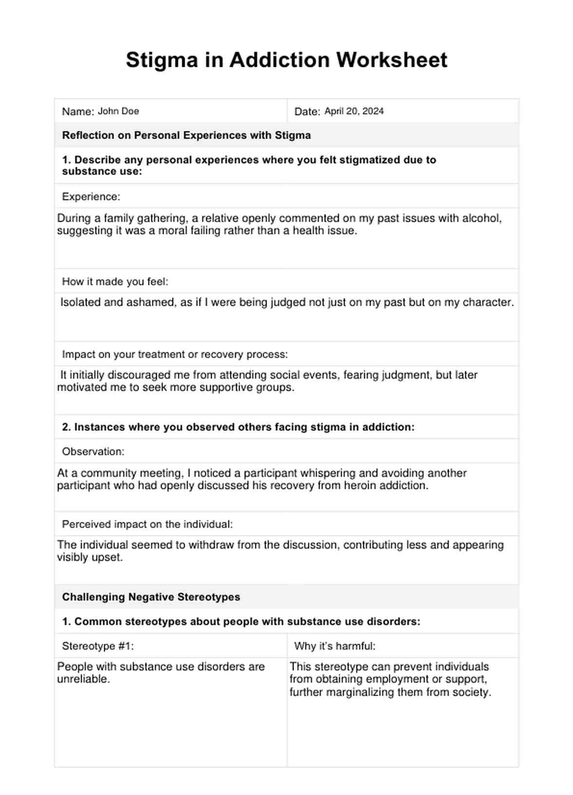 Stigma in Addiction Worksheet PDF Example