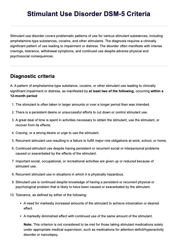 Stimulant Use Disorder DSM-5 Criteria PDF Example