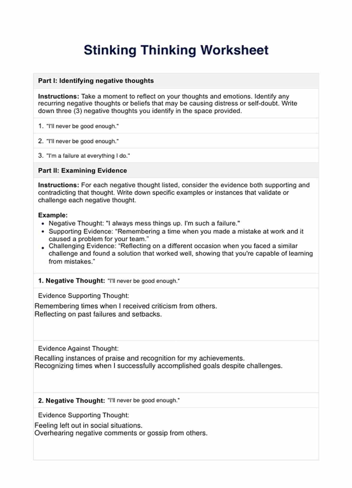 Stinking Thinking Worksheet PDF Example