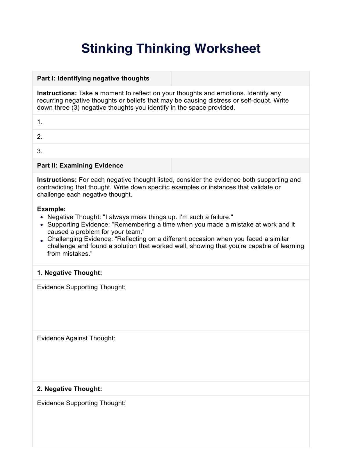 Stinking Thinking Worksheet PDF Example