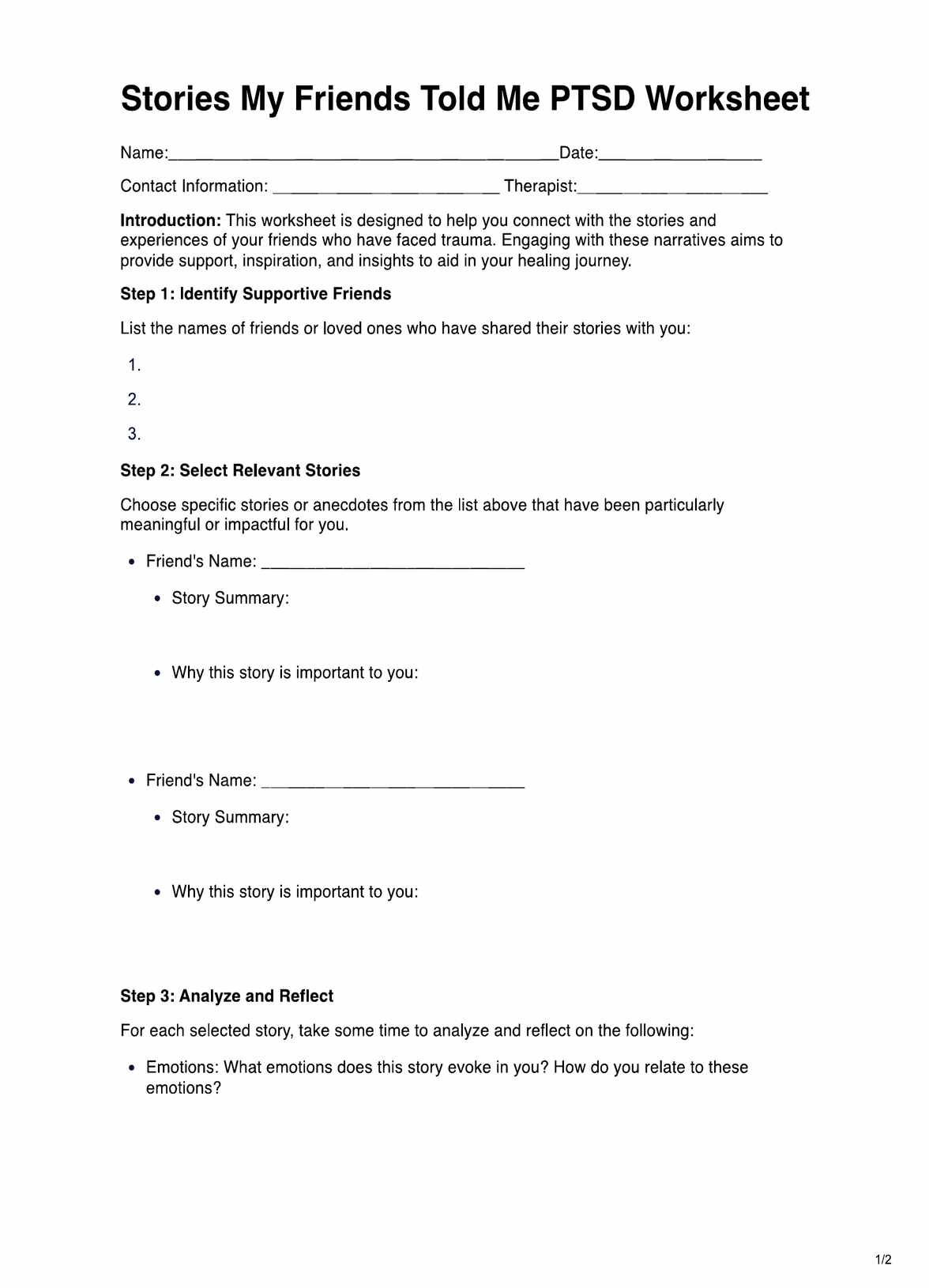 Stories My Friends Told Me PTSD Worksheet PDF Example