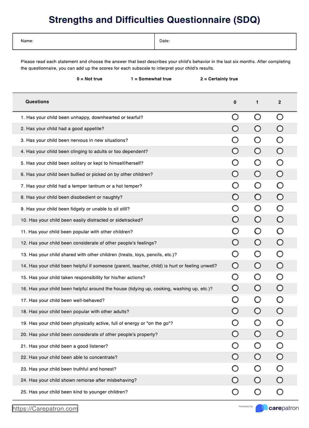 Strengths and Difficulties Questionnaire PDF Example