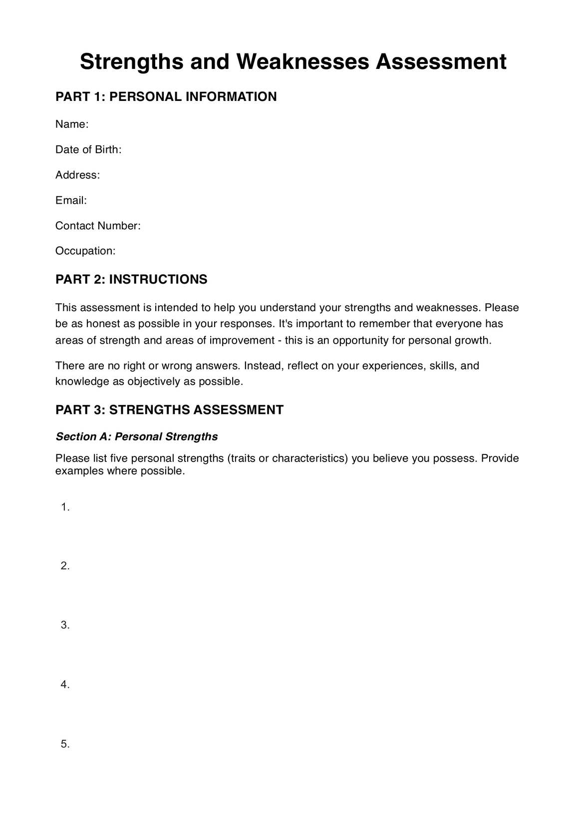 Strengths and Weaknesses Assessment PDF Example
