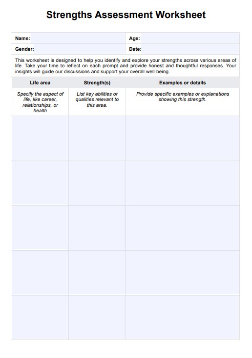 Hoja de ejercicios de evaluación de fortalezas PDF Example