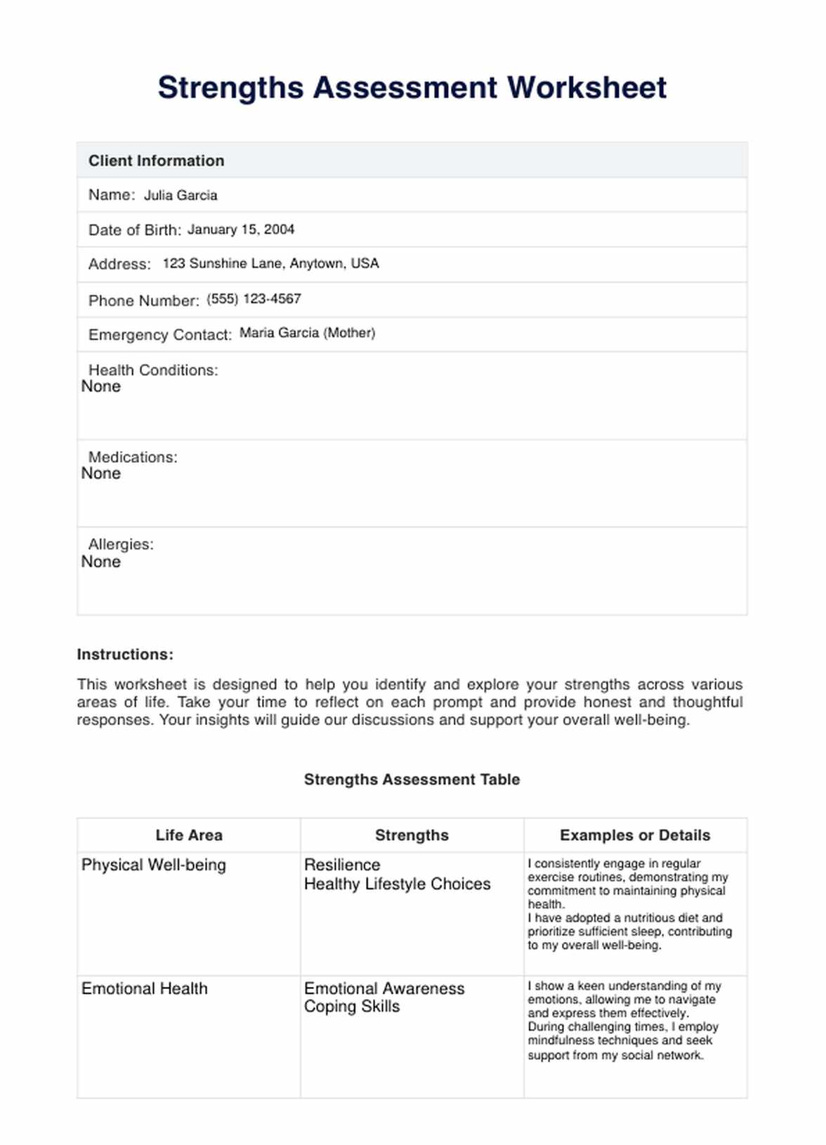 Strengths Assessment Worksheet PDF Example