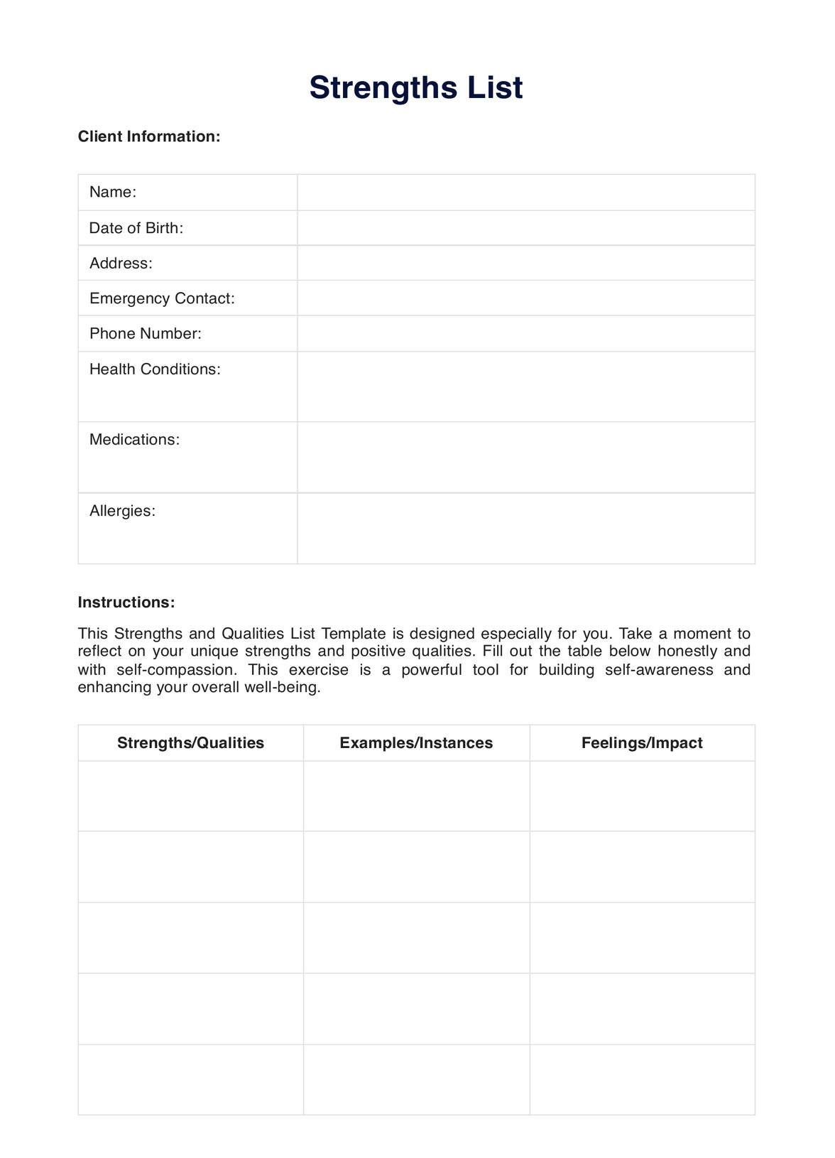 My Strengths and Qualities PDF Example