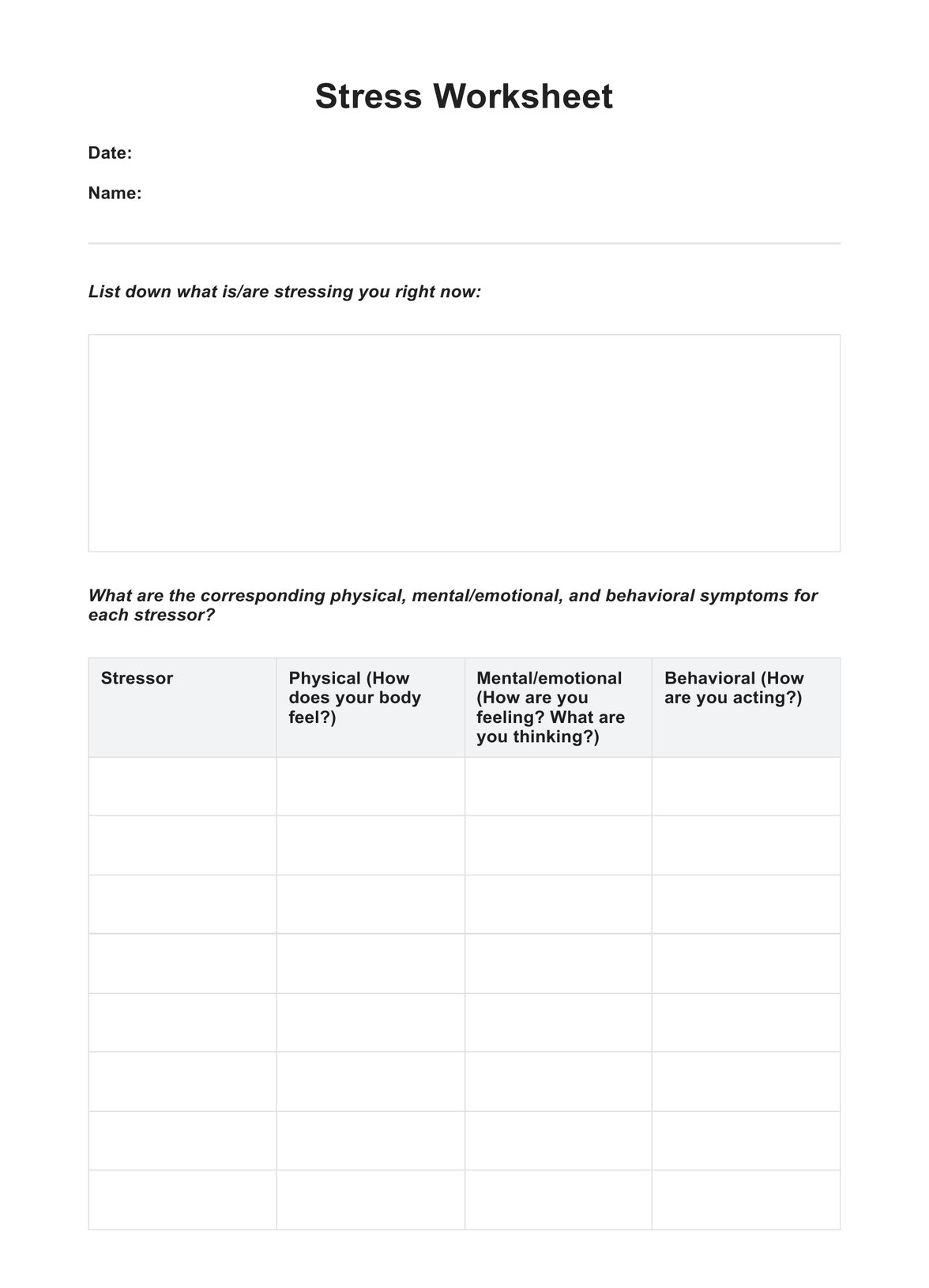 Stress Worksheet PDF Example