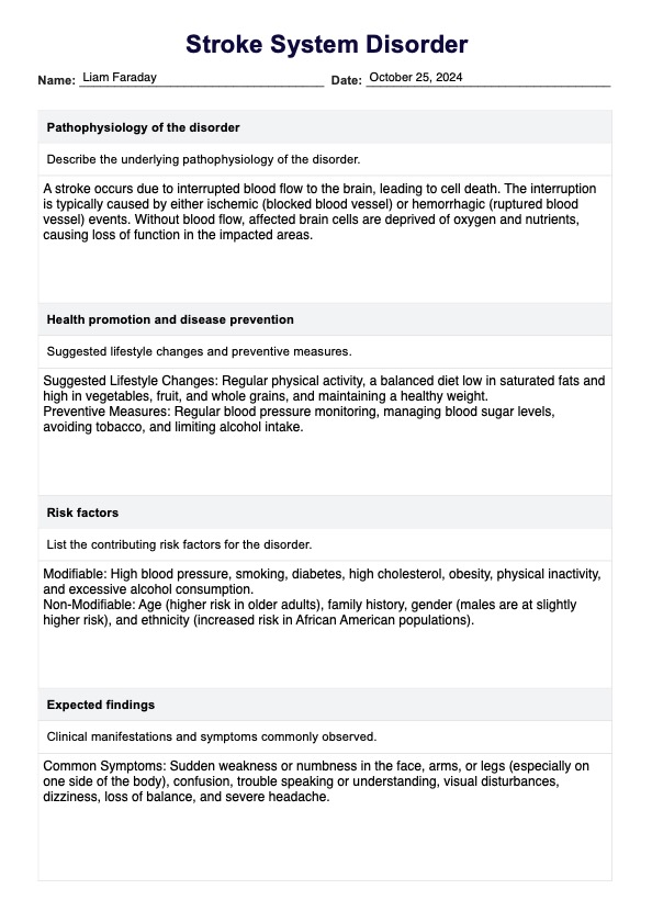 Stroke System Disorder Template PDF Example