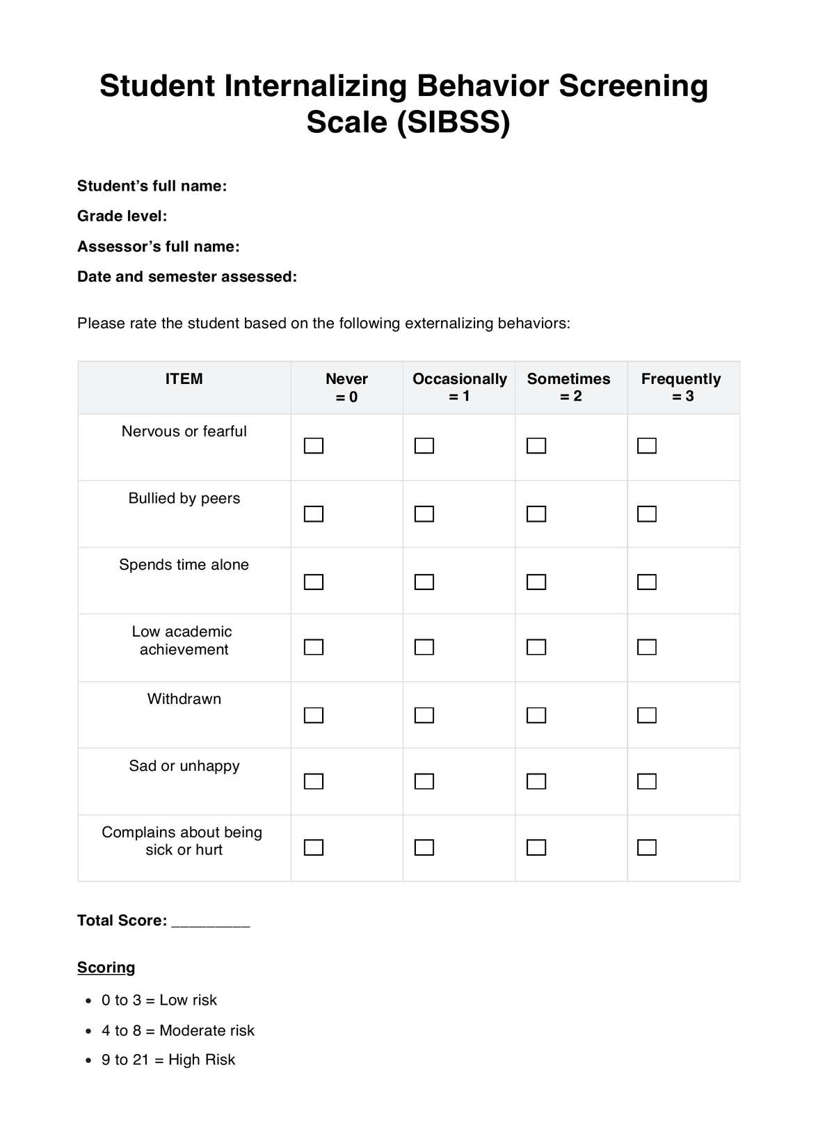 Student Internalizing Behavior Screening Scale (SIBSS) PDF Example