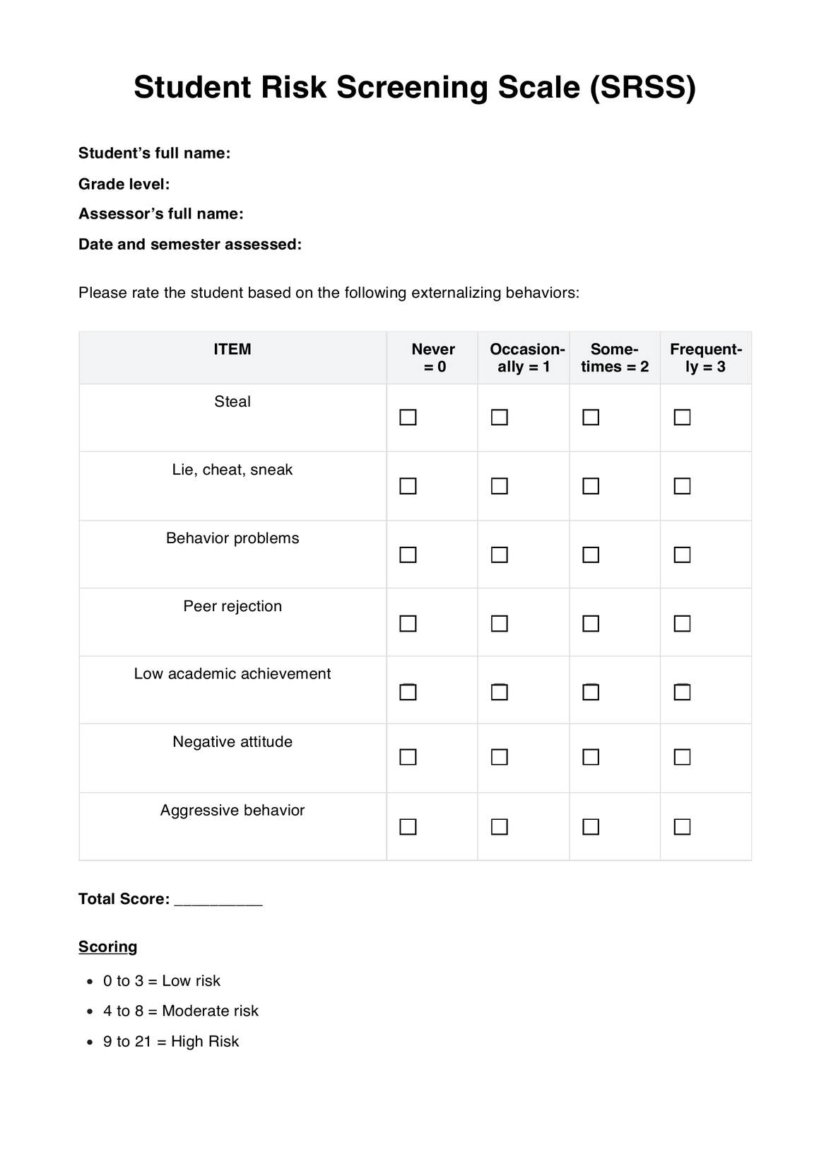 Student Risk Screening Scale (SRSS) PDF Example