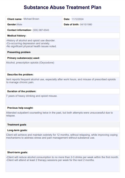 Treatment Plan For Substance Abuse PDF Example