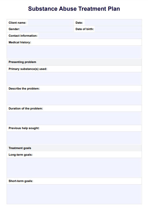 Treatment Plan For Substance Abuse PDF Example