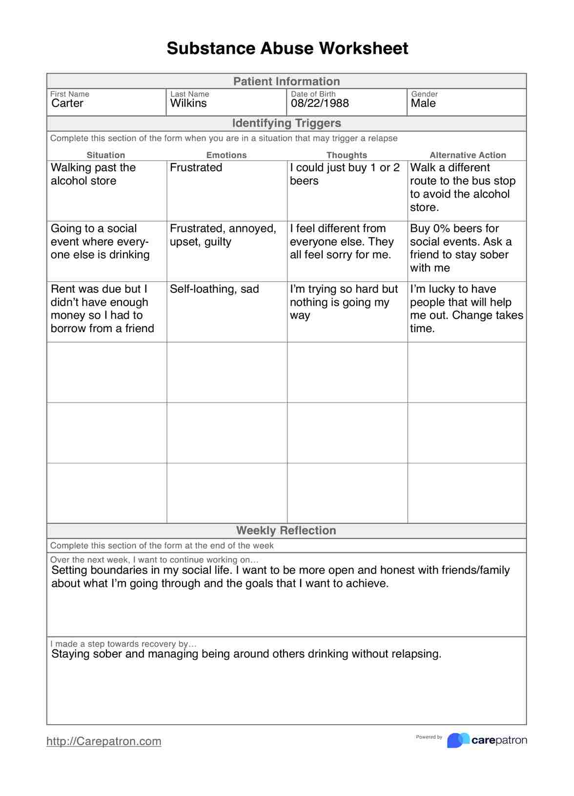 Substance Abuse Worksheet PDF Example