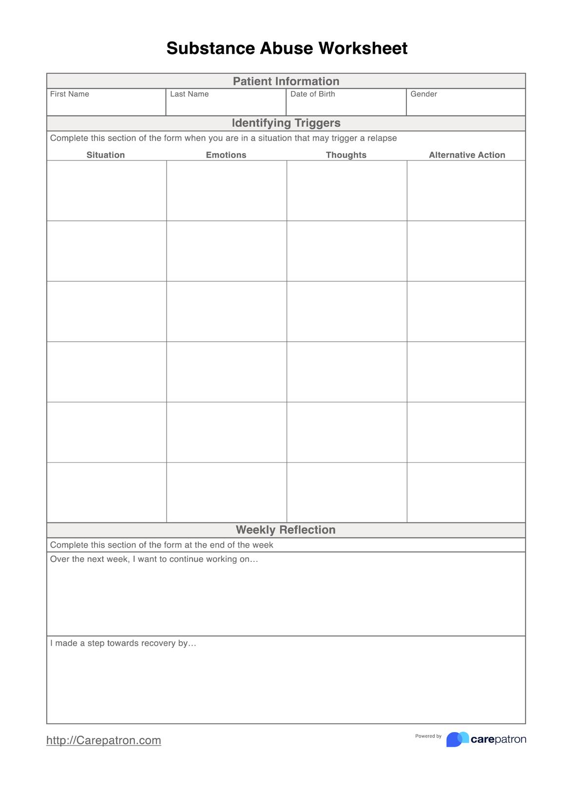 Substance Abuse Worksheet PDF Example