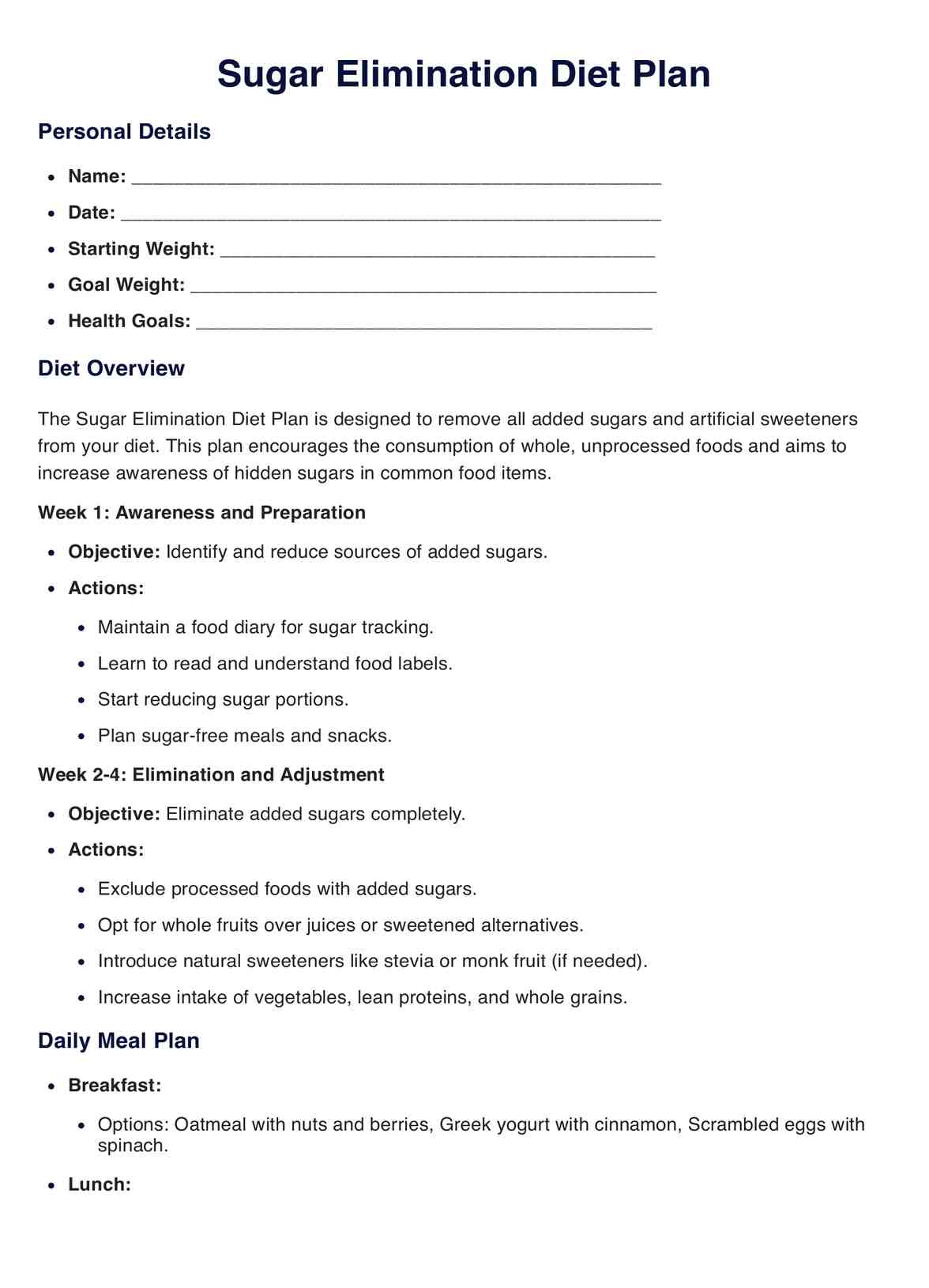Sugar Elimination Diet Plan PDF Example