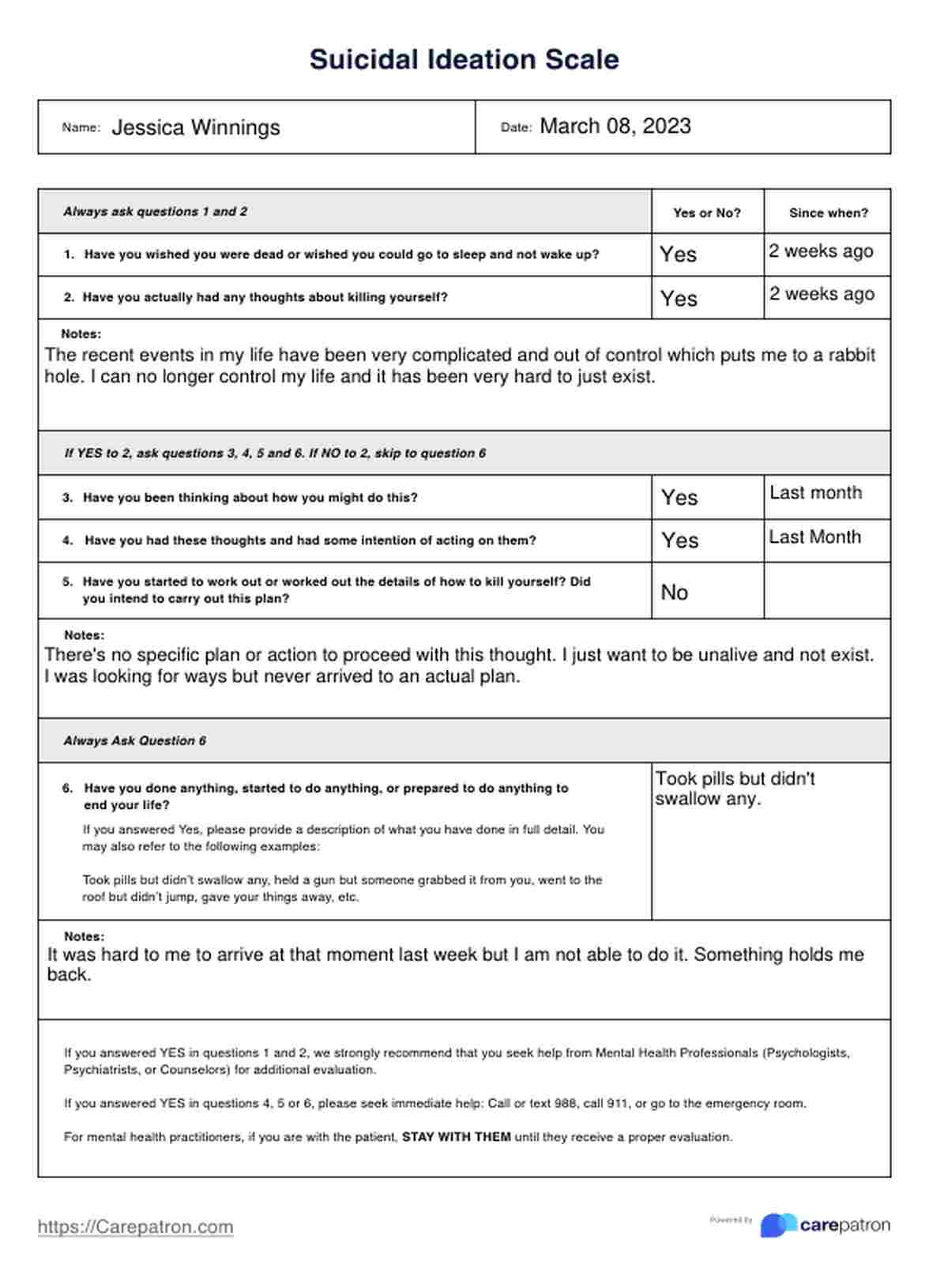 Suicidal Ideation Scales PDF Example
