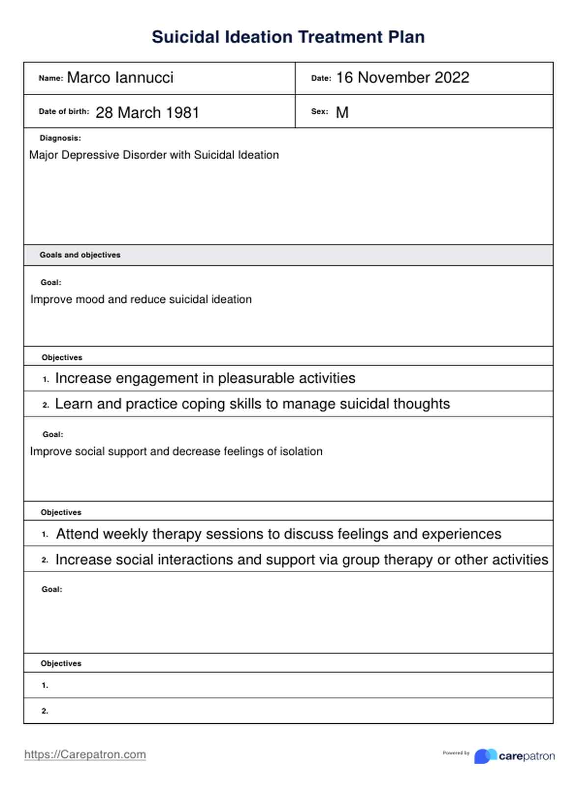Plan de Tratamiento de Ideación suicida PDF Example