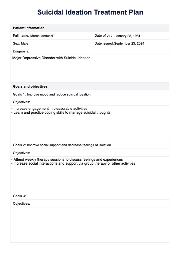 Plan de tratamiento de ideación suicida PDF Example