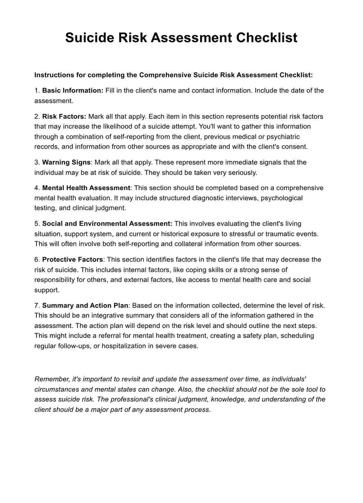 Suicide Assessment Checklist PDF Example