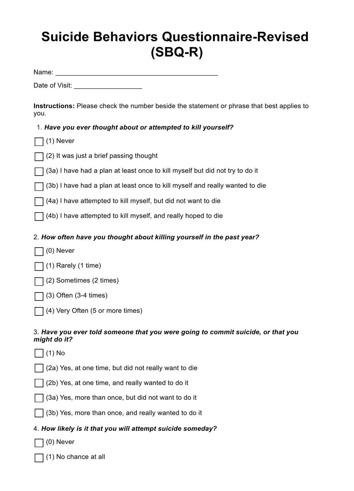 Suicide Behaviors Questionnaire PDF Example