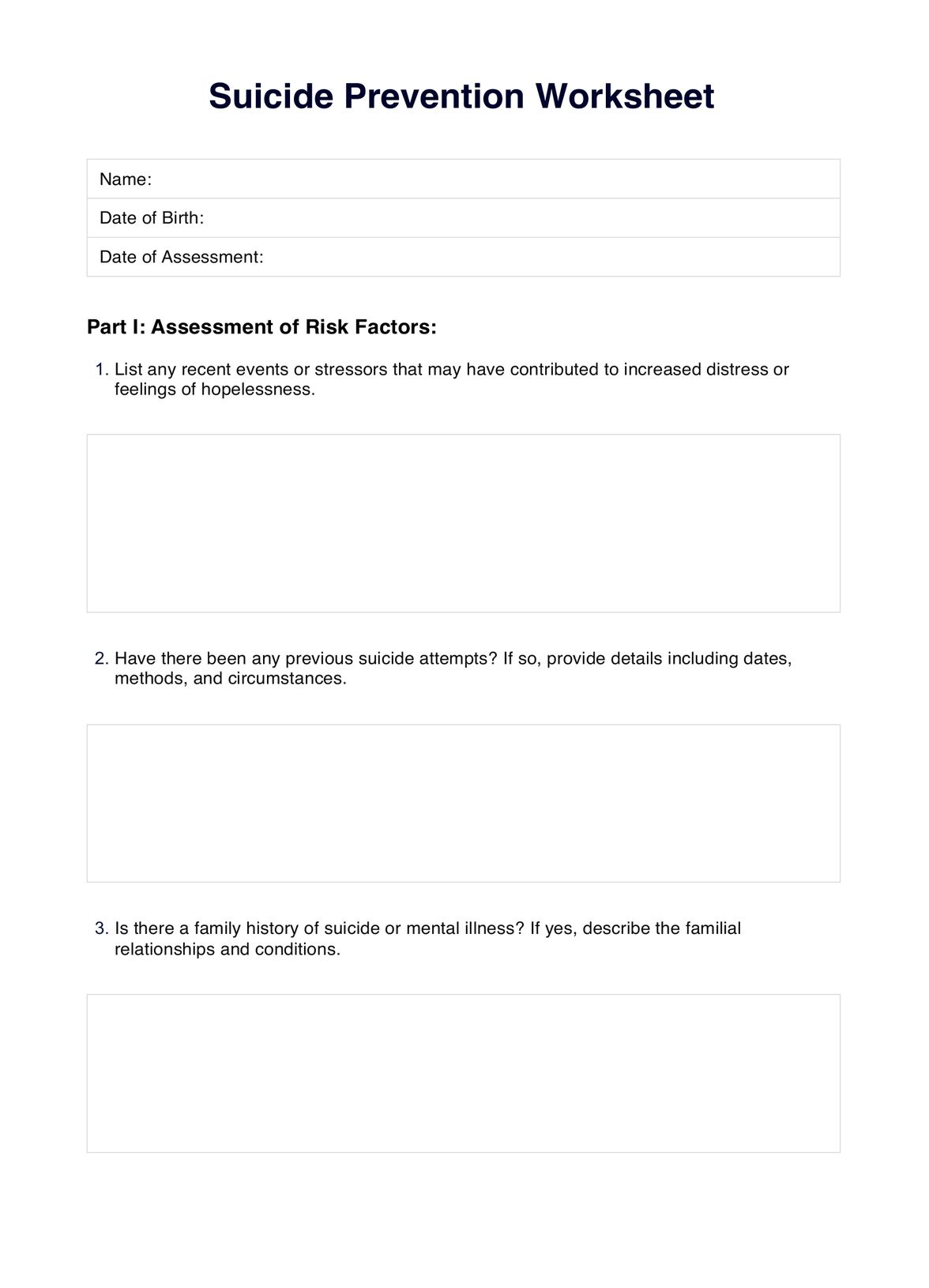 Suicide Prevention Worksheets PDF Example