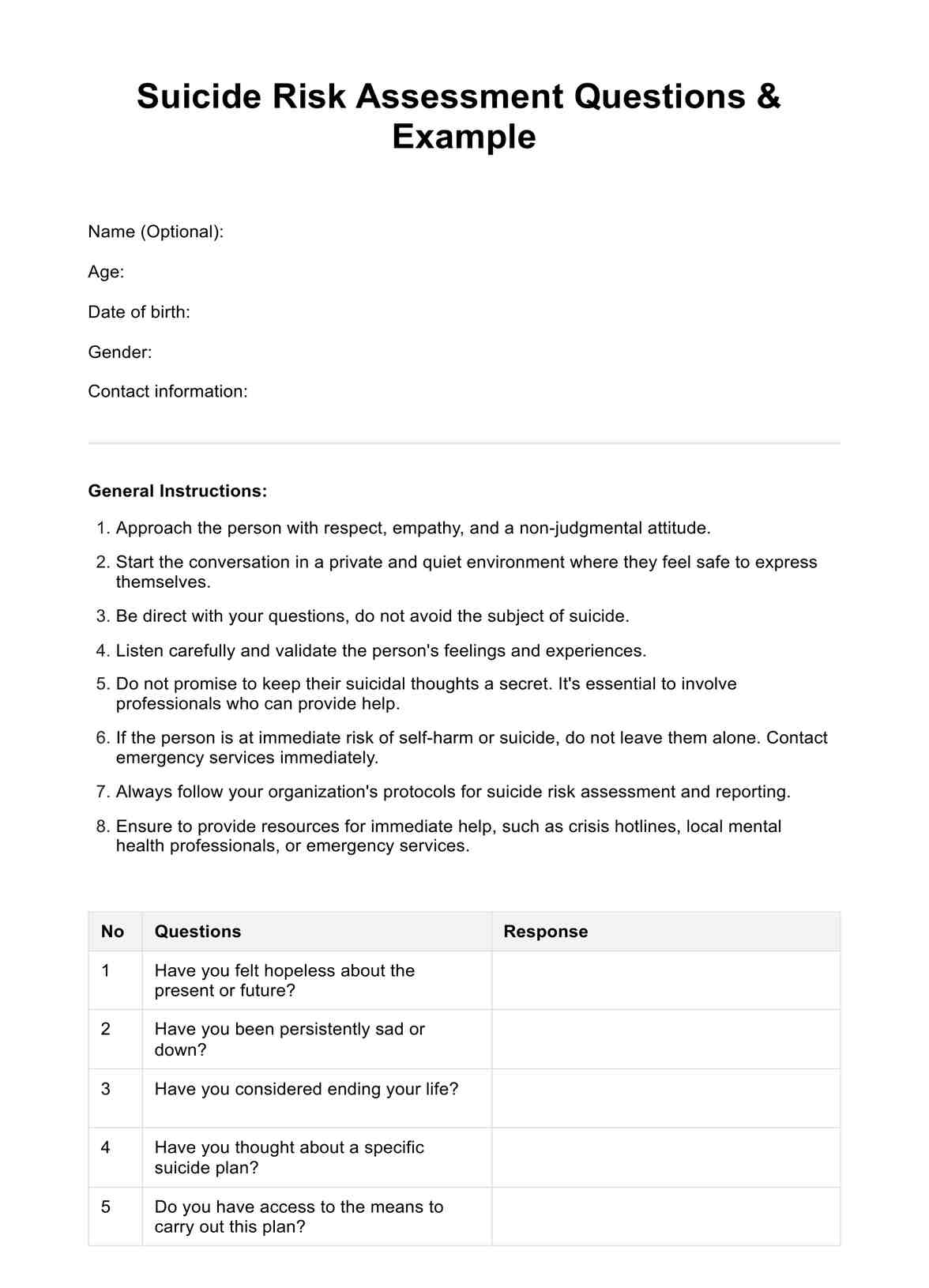 Suicide Risk Assessment Questions PDF Example