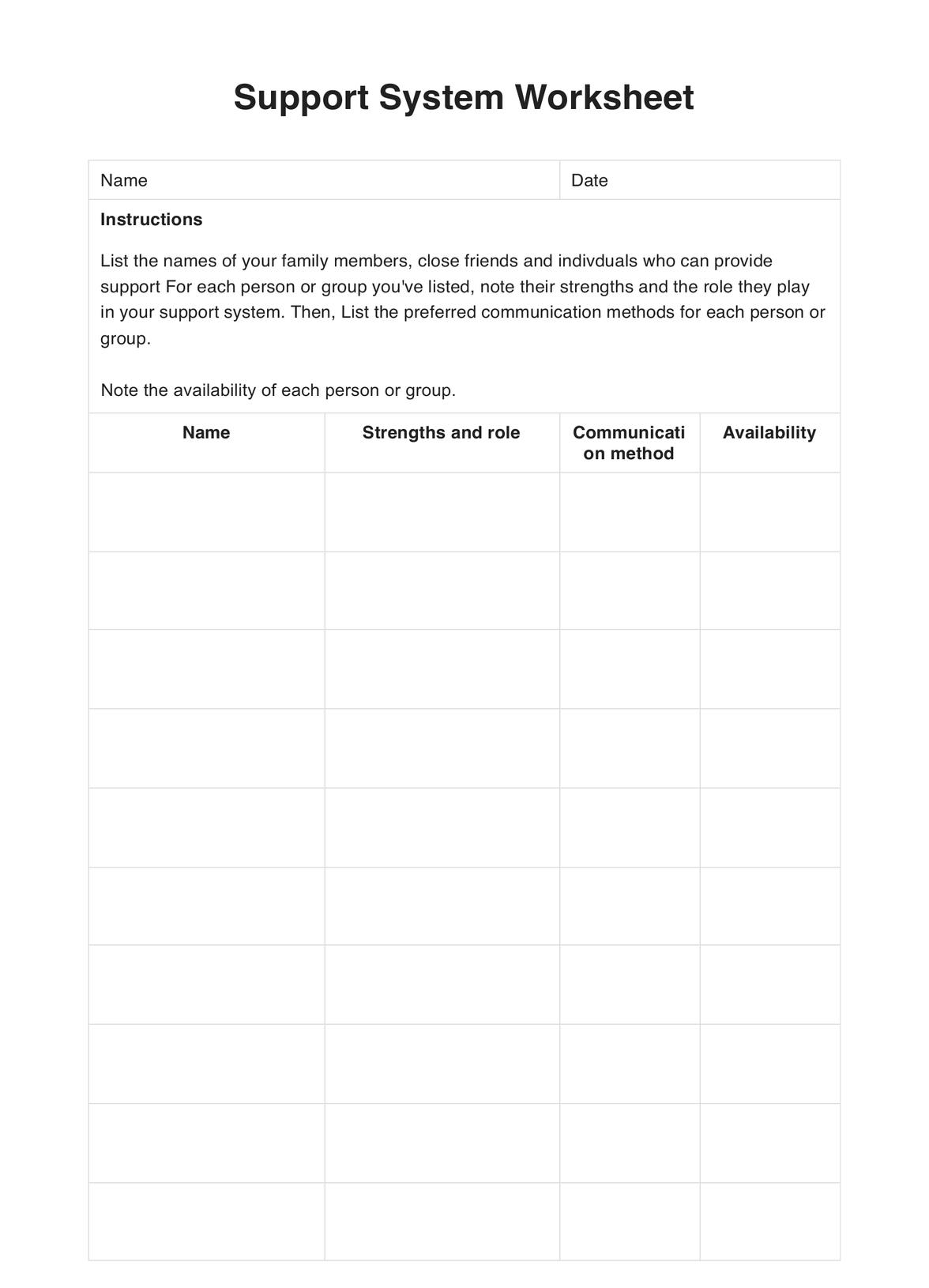 Support System Worksheets PDF Example