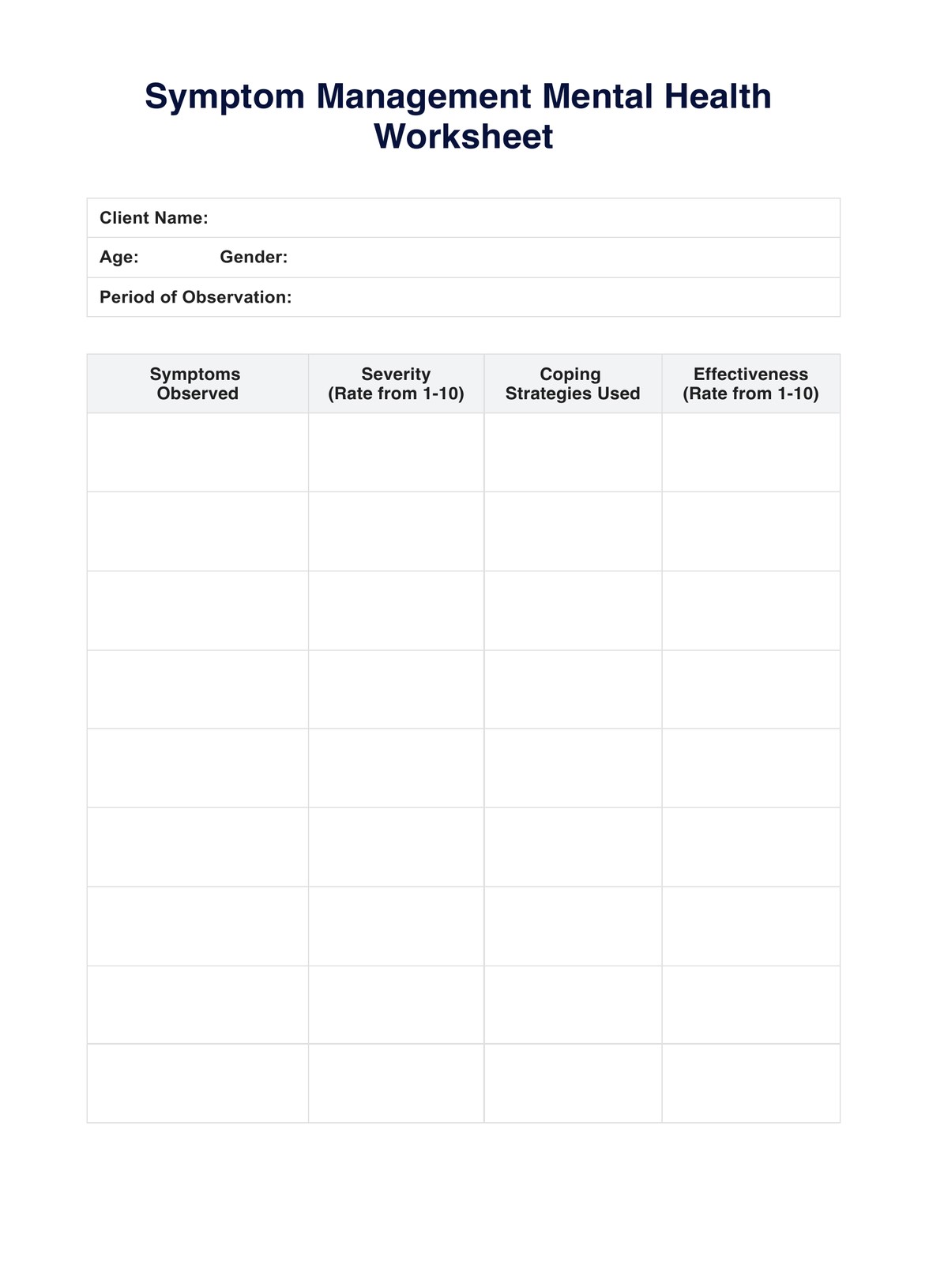 Symptom Management Mental Health Worksheet PDF Example