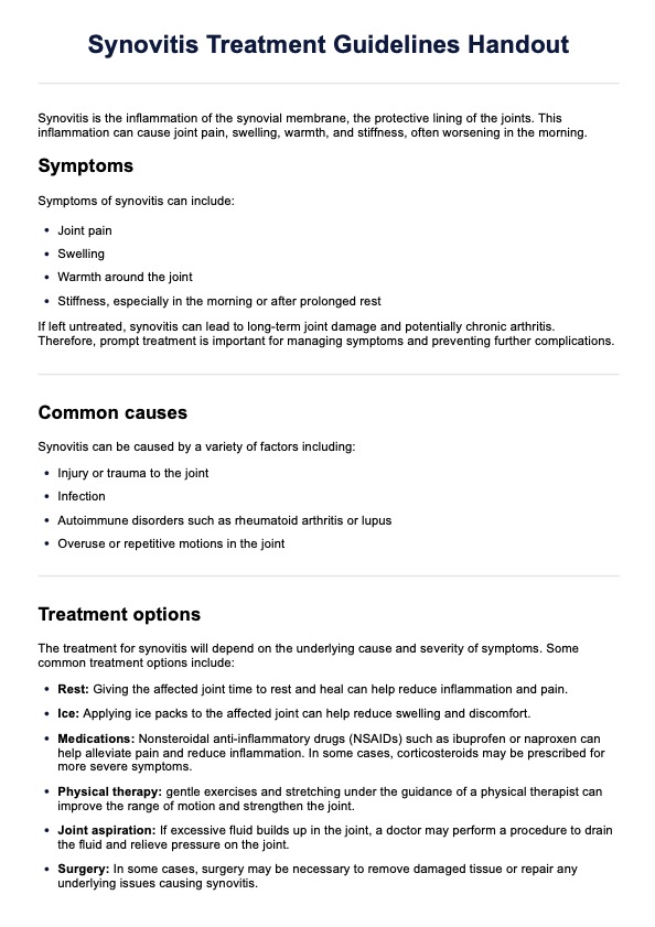 Synovitis Treatment Guidelines Handout PDF Example