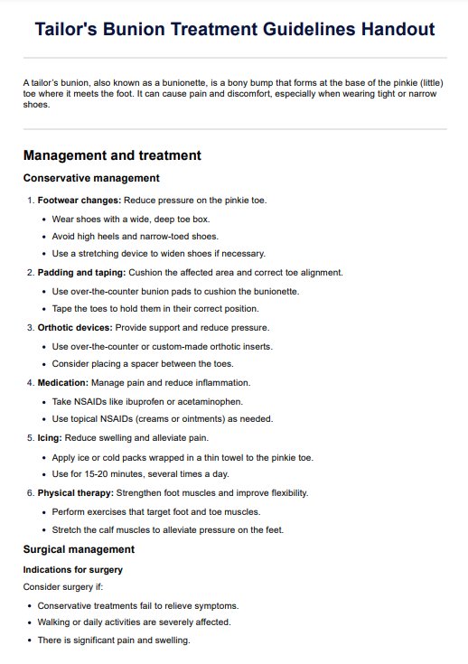 Tailor's Bunion Treatment Guidelines Handout PDF Example