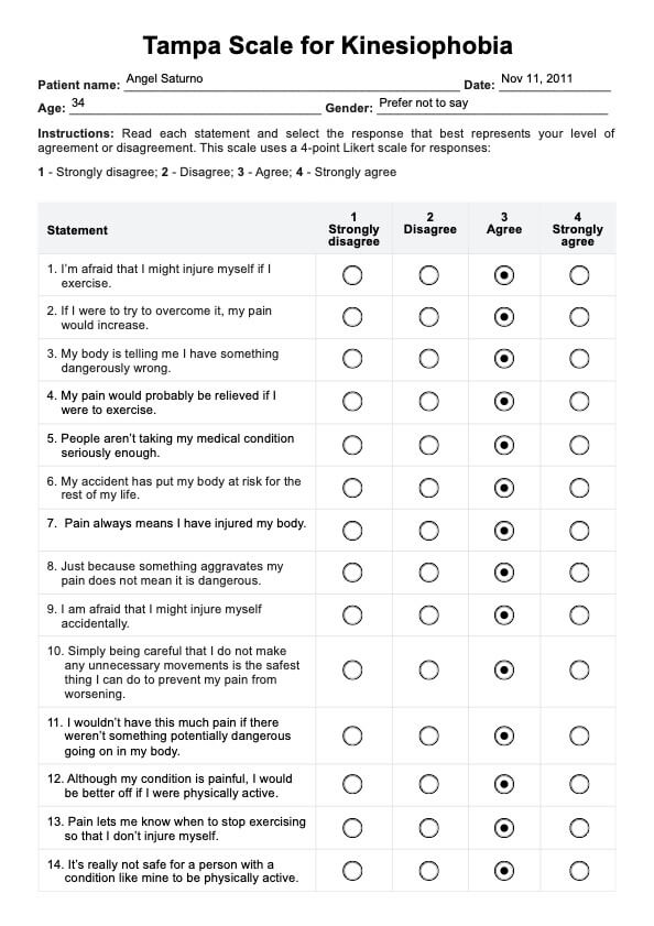 Tampa Scale of Kinesiophobia PDF Example