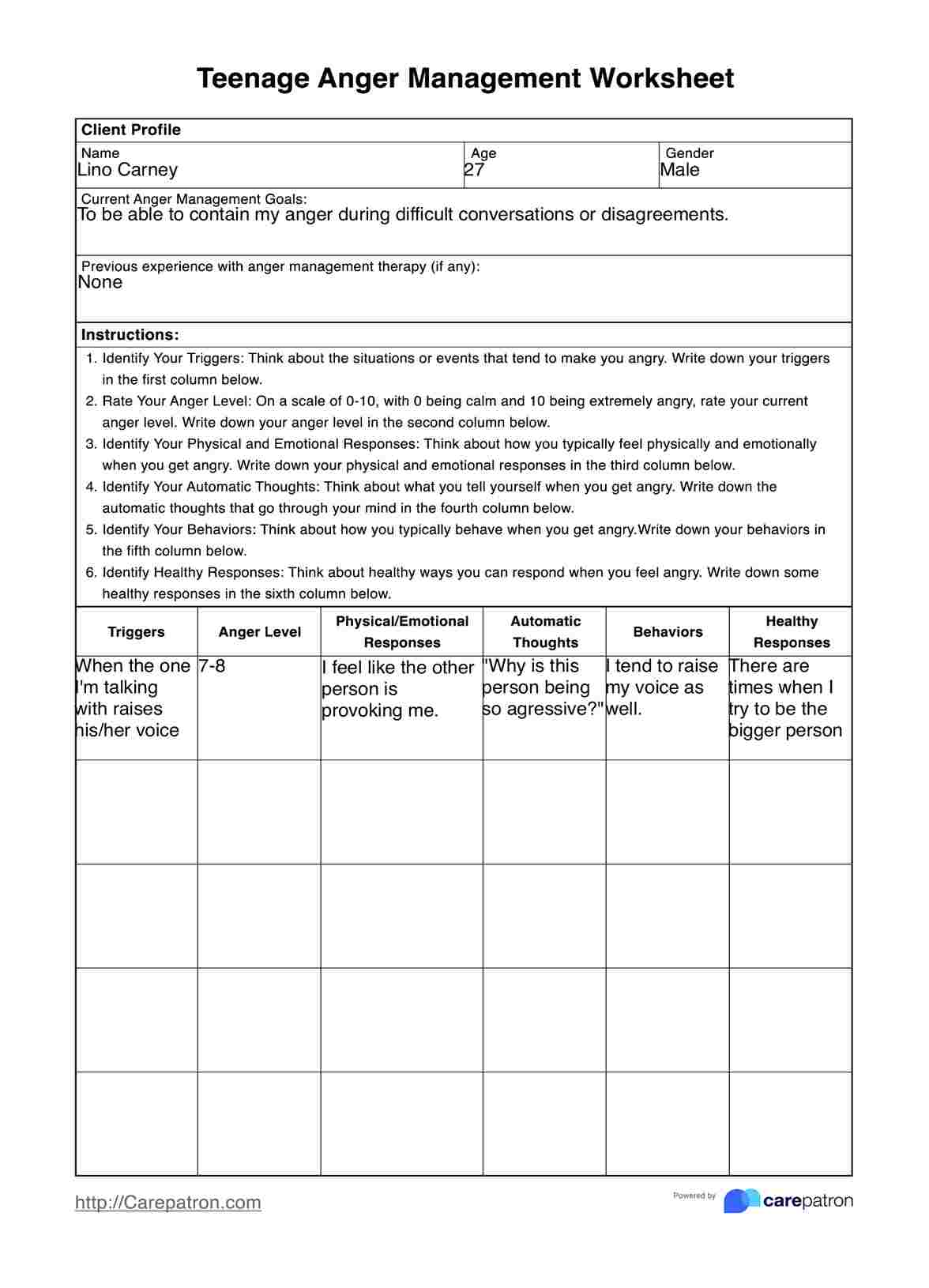 Teenage Anger Management Worksheets PDF Example