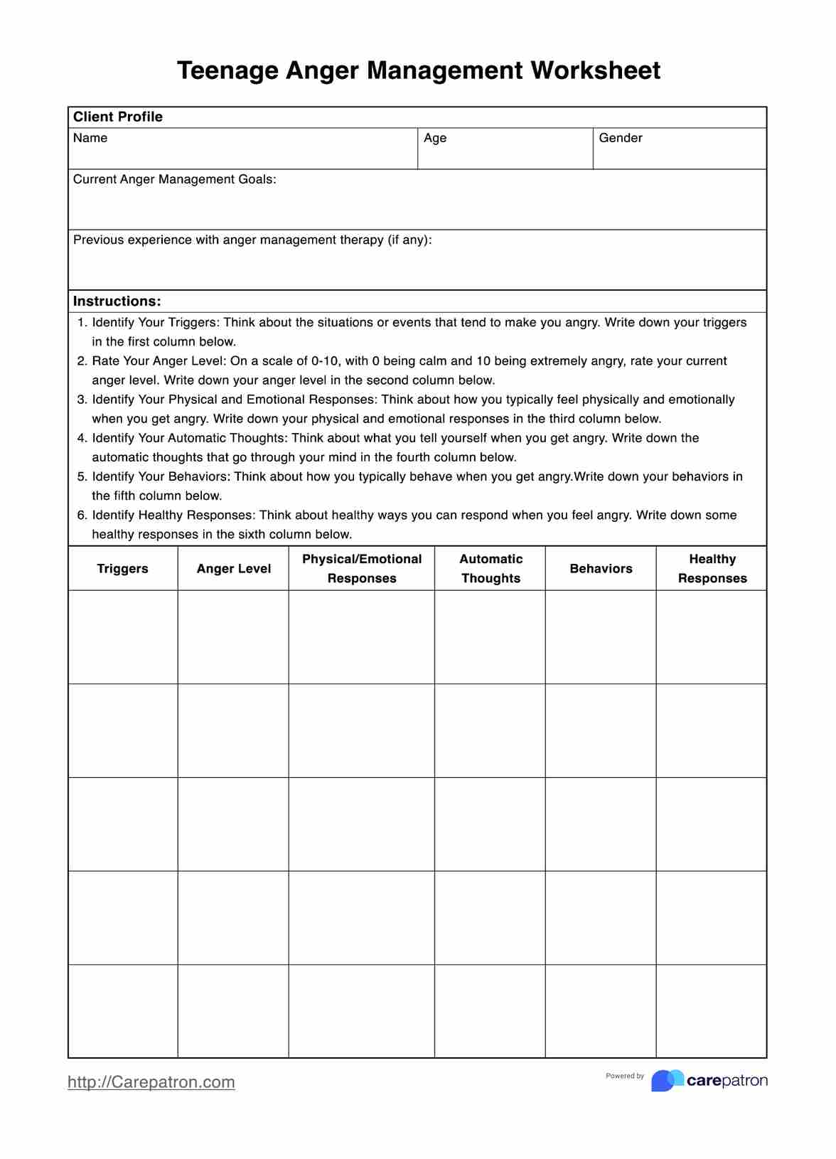Teenage Anger Management Worksheets PDF Example