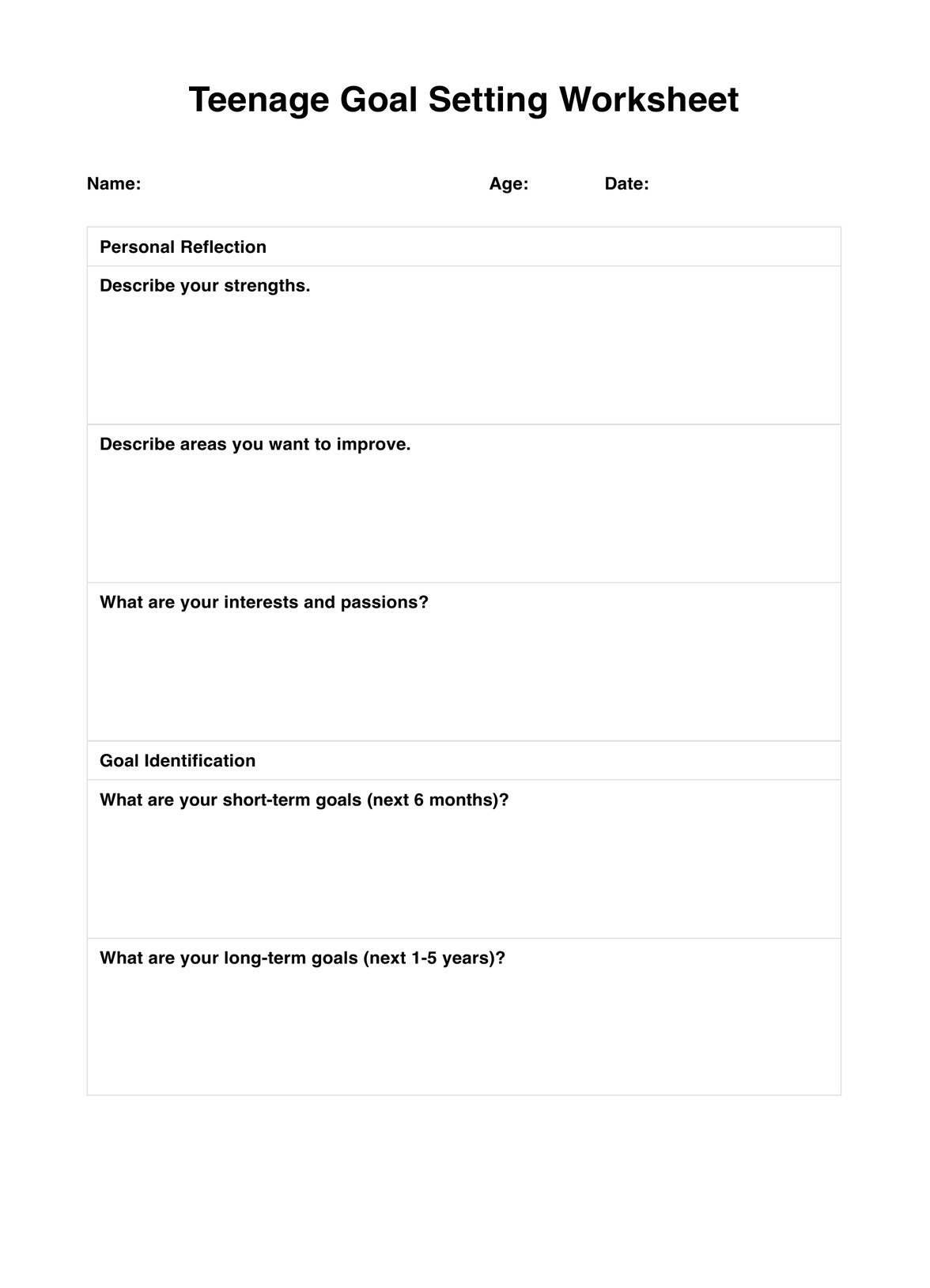 Teenage Goal Setting Worksheets PDF Example