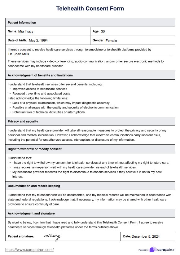 Telehealth Consent Form PDF Example