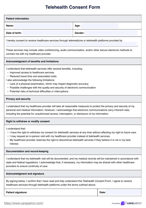 Telehealth Consent Form PDF Example