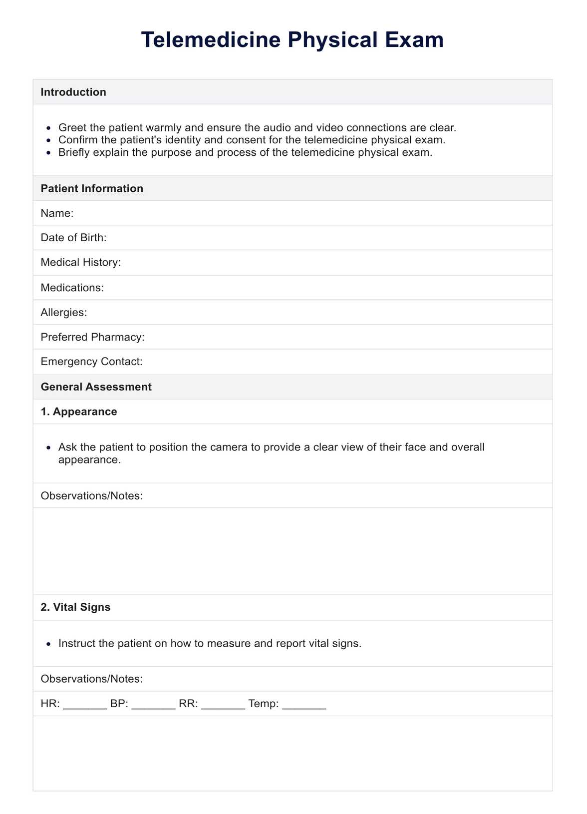Telemedicine Physical Exam Template PDF Example