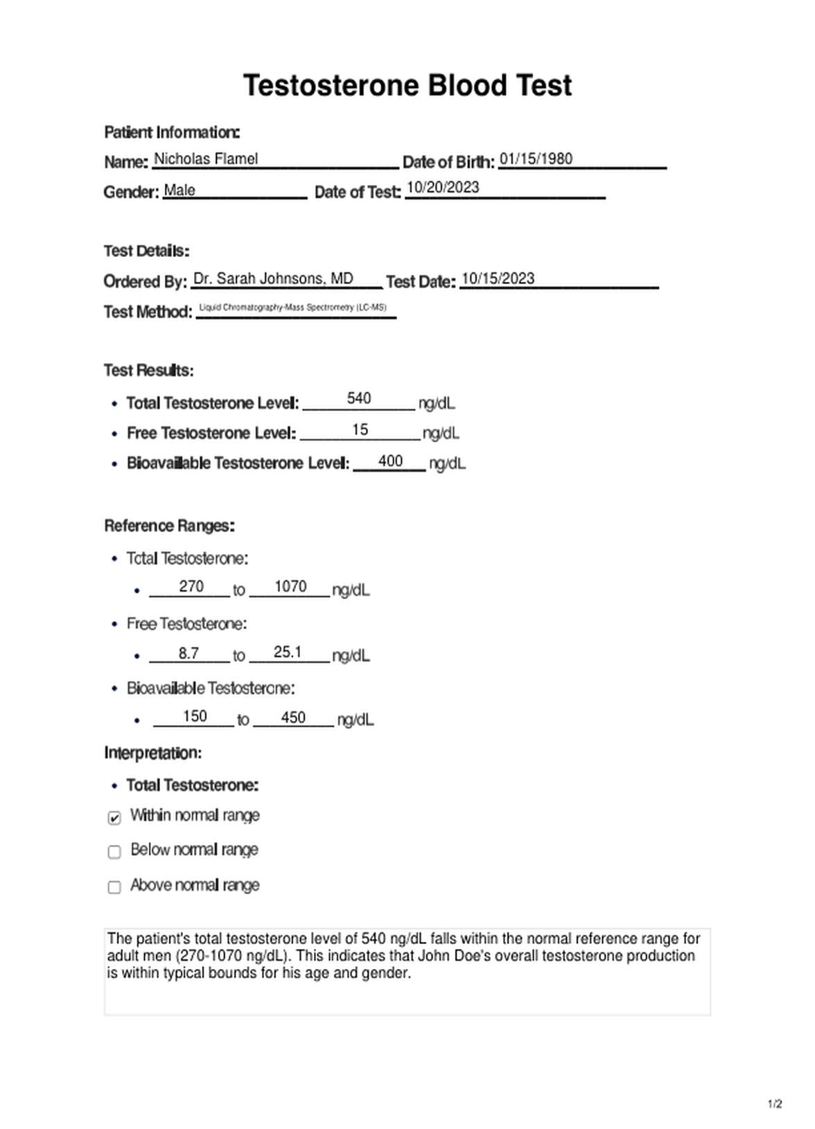 Testosterone Blood Test PDF Example