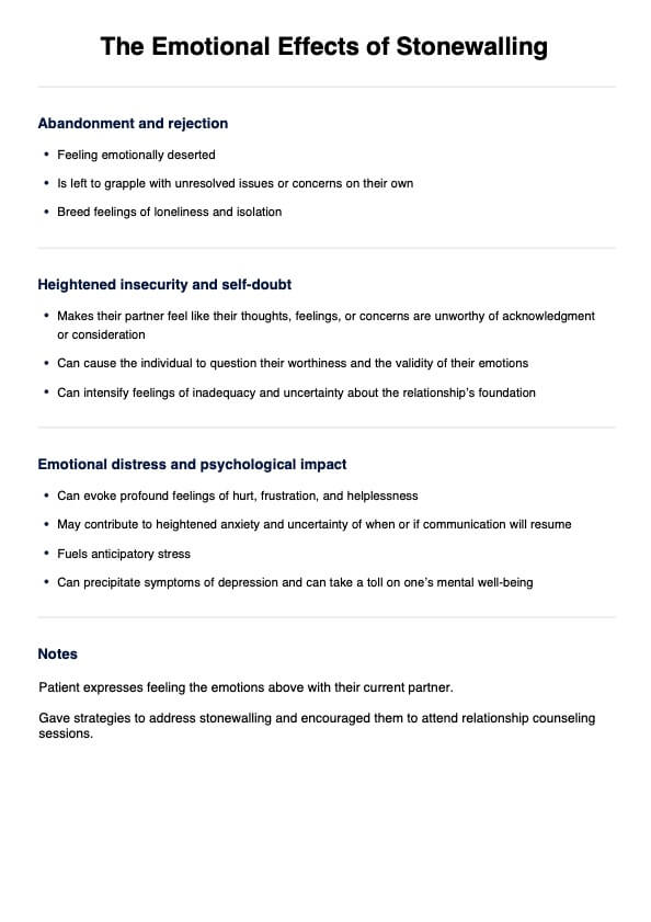 The Emotional Effects of Stonewalling Handout PDF Example