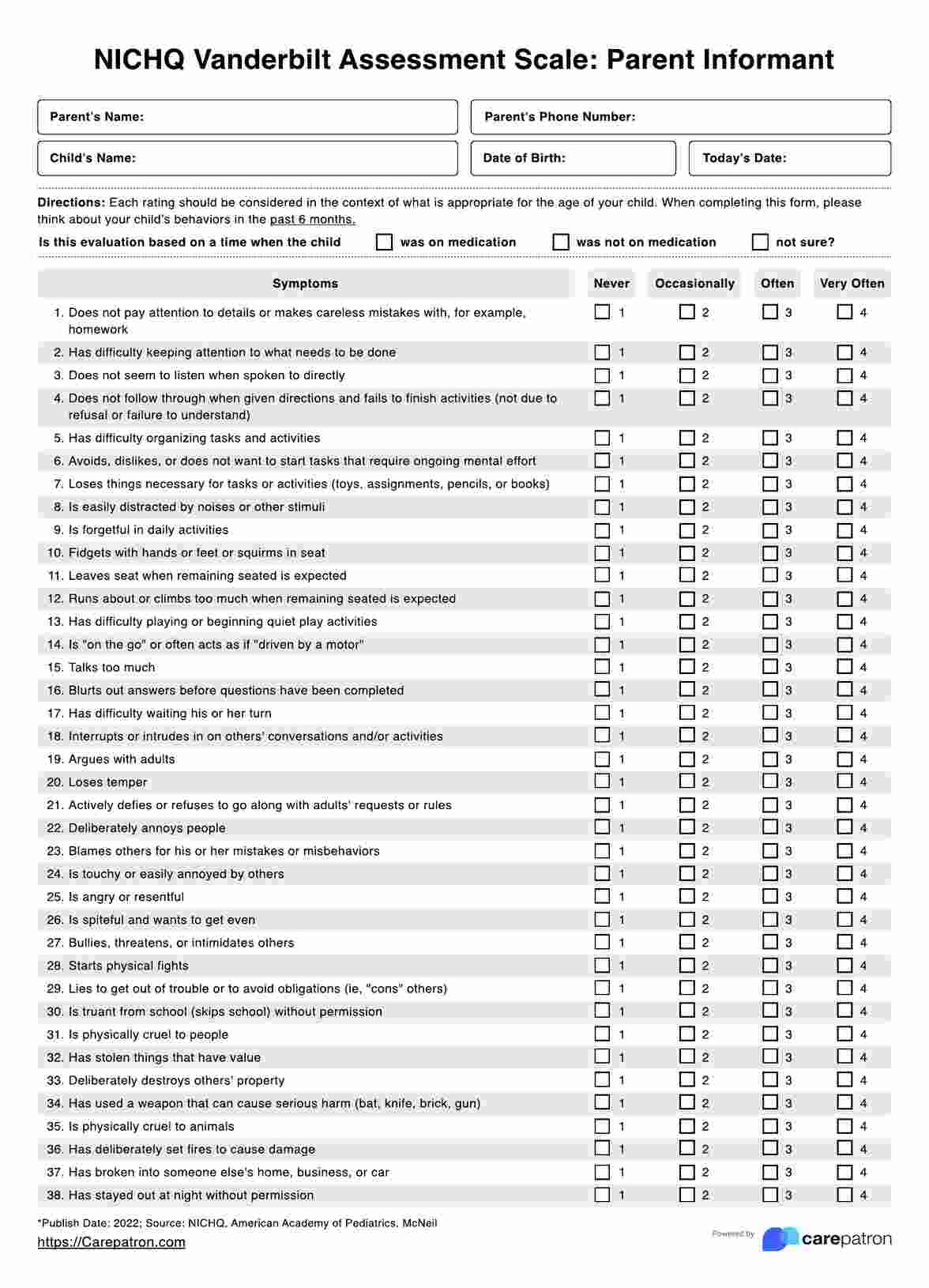 The NICHQ Vanderbilt Assessment Scale for Parents PDF Example