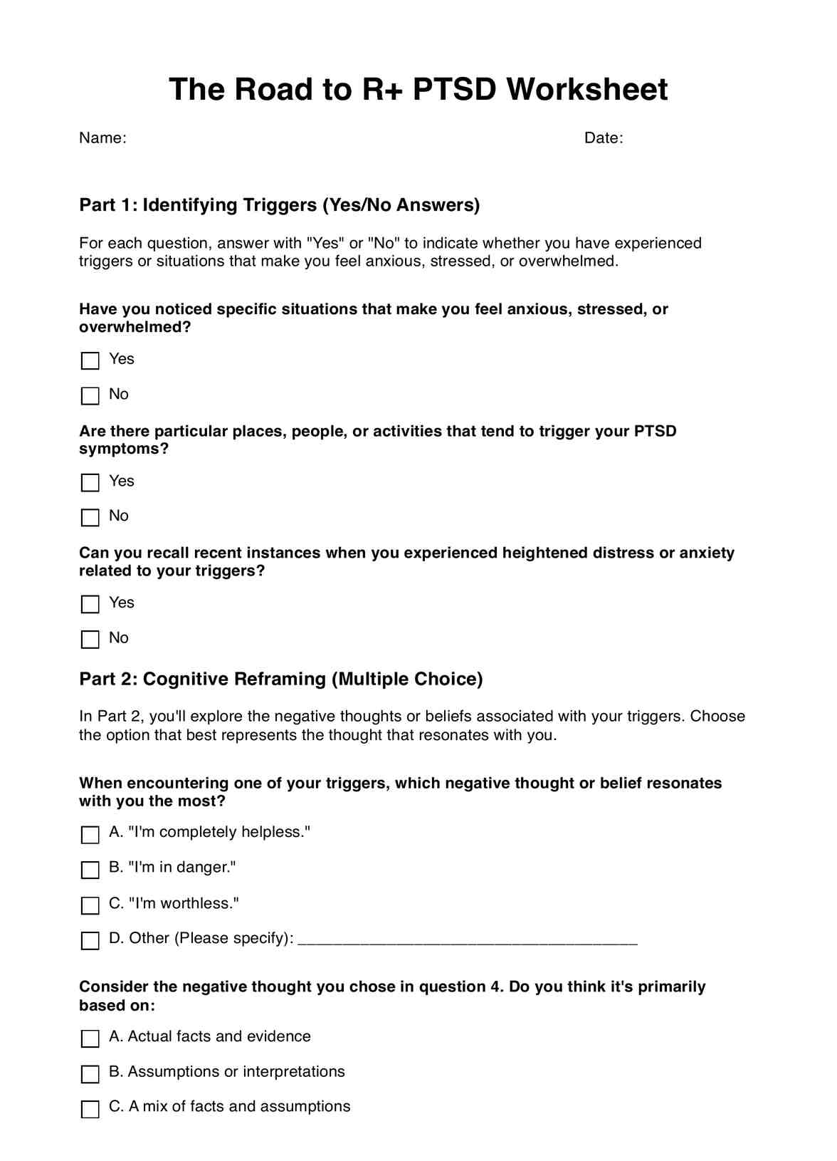 The Road to R+ PTSD Worksheet PDF Example