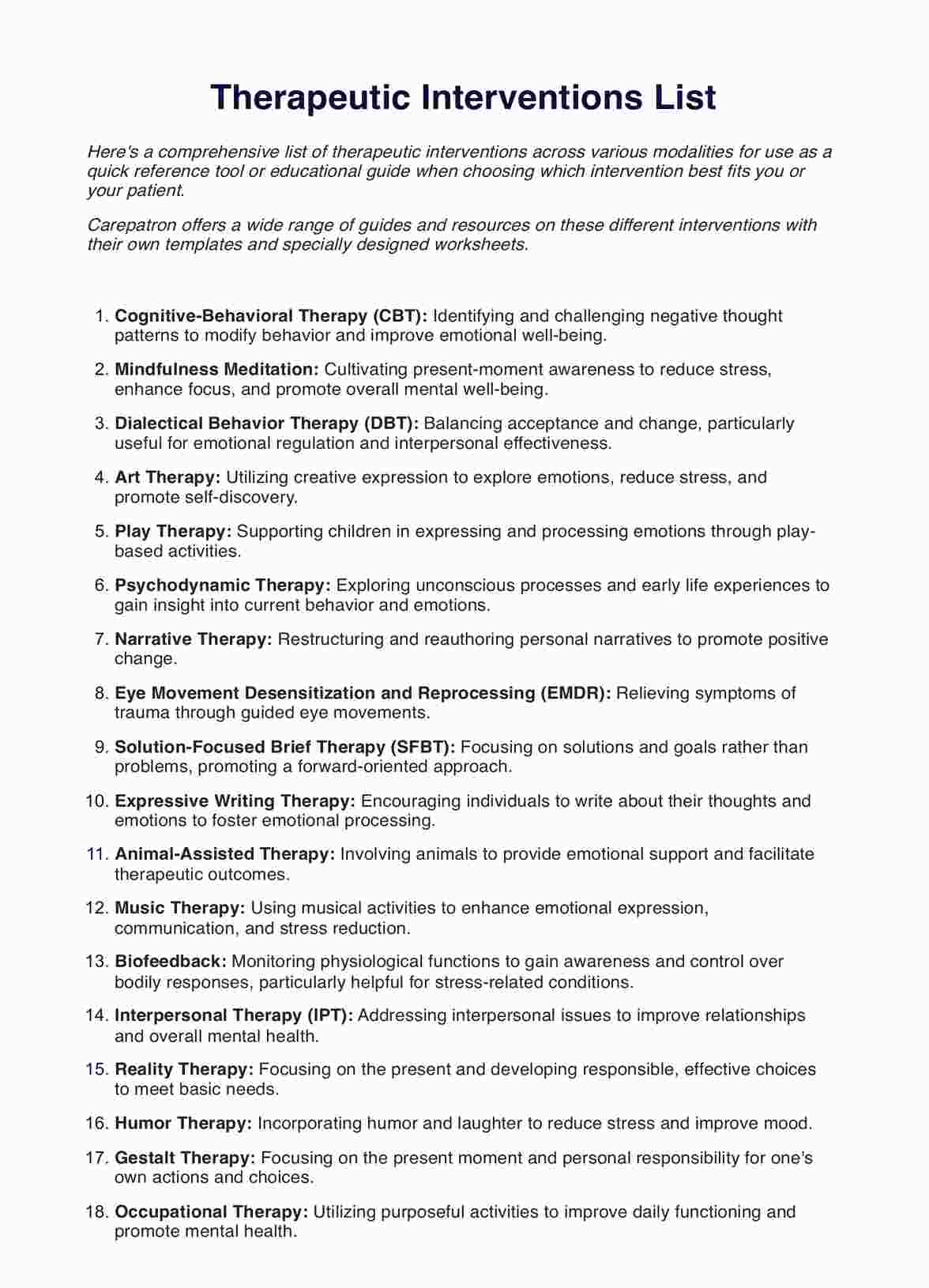 Therapeutic Interventions List PDF Example